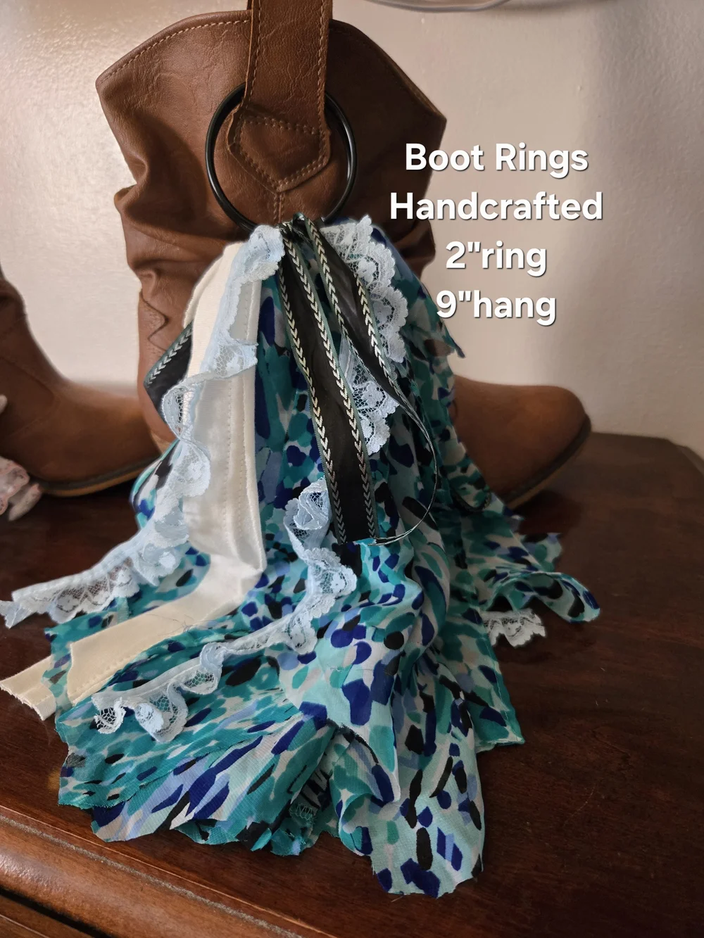 Boho Western Maximalist Handcrafted Blue Teal Boot Ring Tassel Accessory